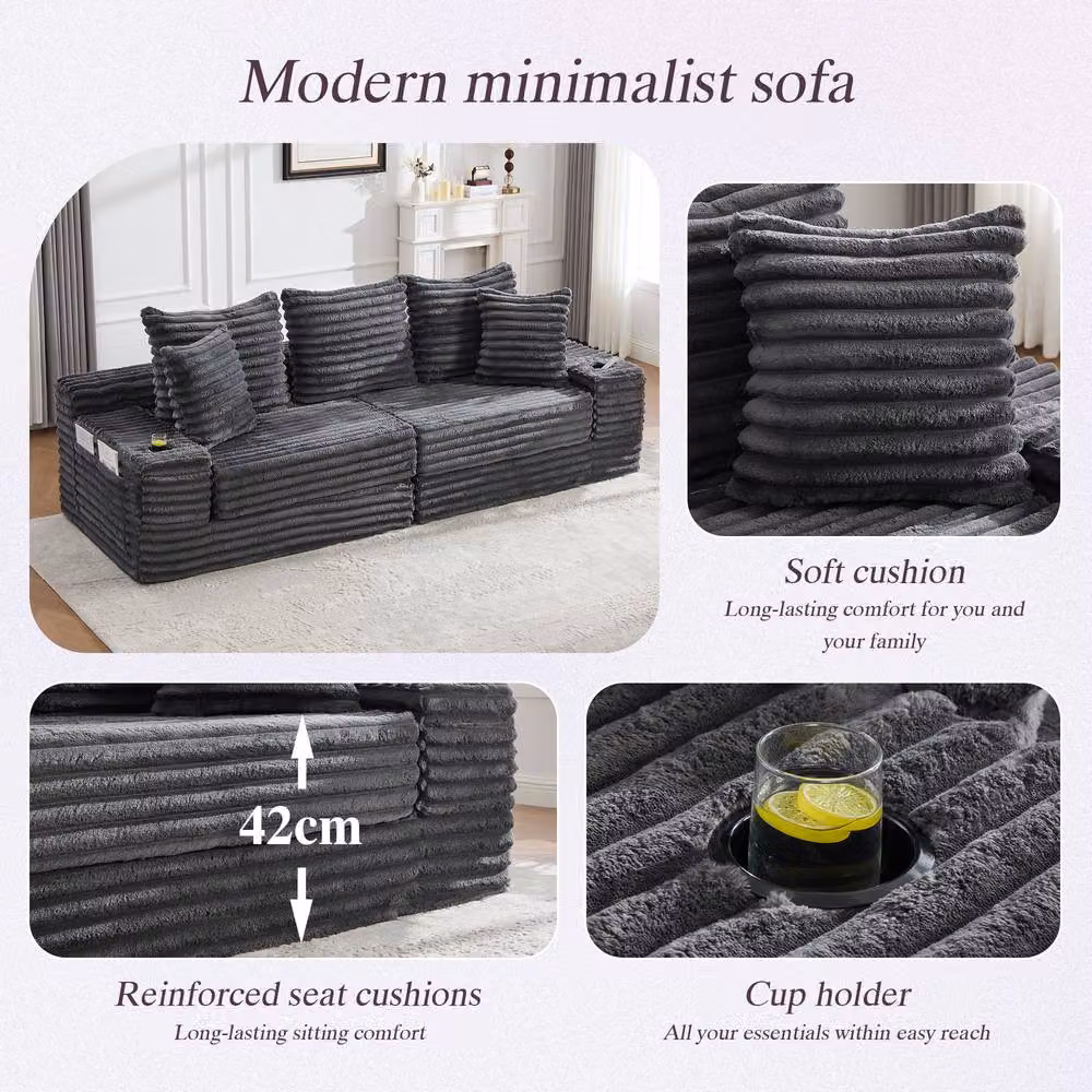 BTM Corduroy Convertible Sleeper Sofa with Cup Holders, Grey, W/D/H: 273 x 87 x 72 cm – 5