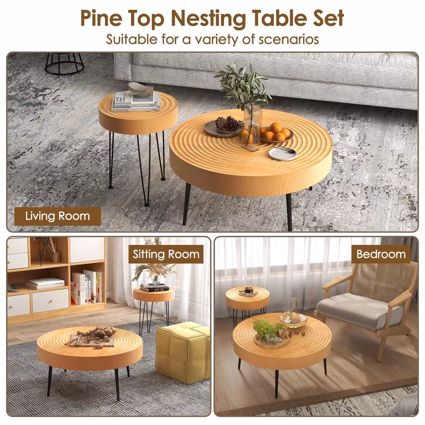 Costway Set of 2 Round Nesting Coffee Tables, Solid Wood and Metal Boho Stacking Side Tables in Sand Brown – 4