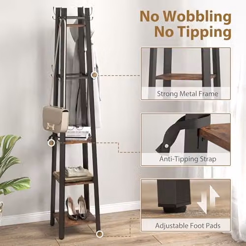 HOMCOM Industrial Coat Stand with 4 Storage Shelves and 8 Hooks in Brown and Black – 4
