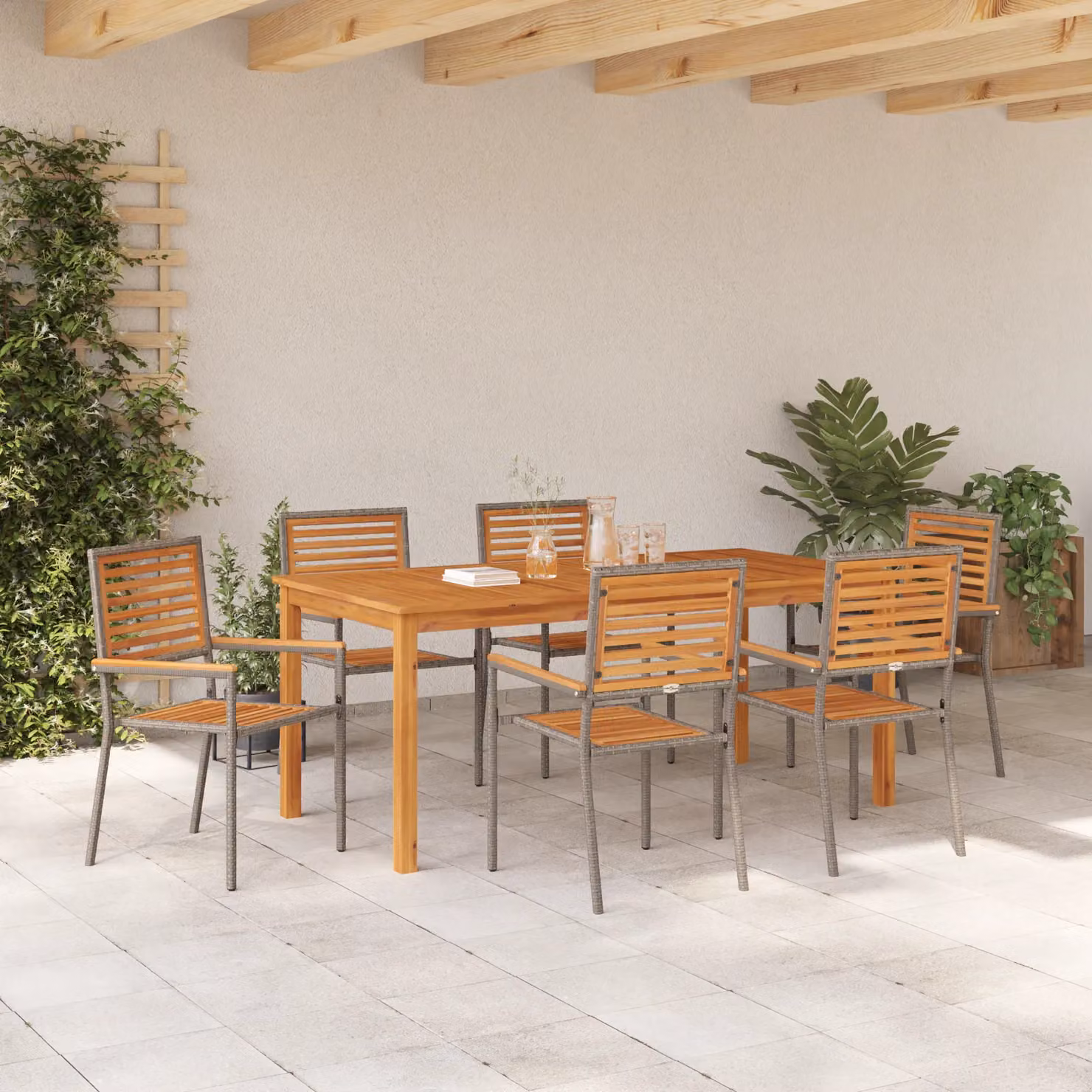 Berkfield Home 7 Piece Grey Poly Rattan and Acacia Wood Garden Dining Set – 3