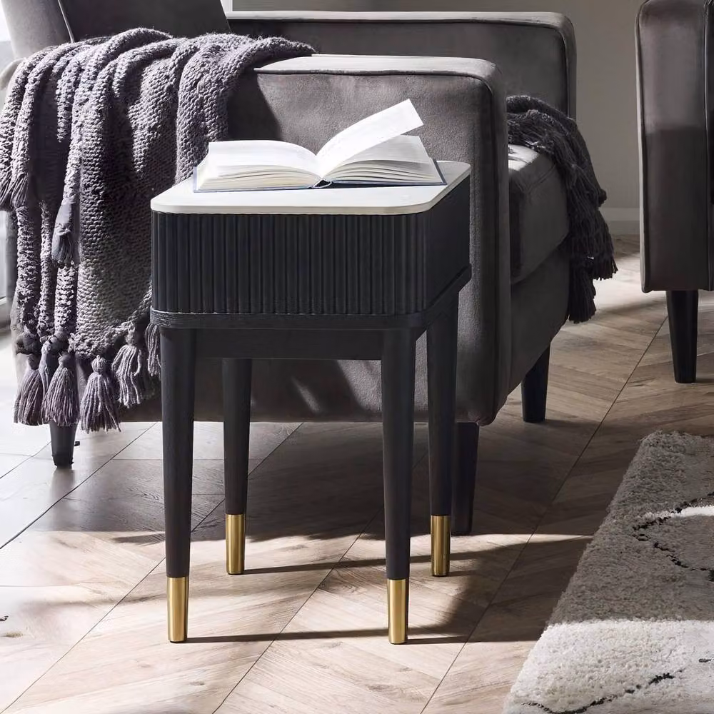 Cheshire Fluted Stone Top Lamp Table with Drawer in White Marble and Black – 4