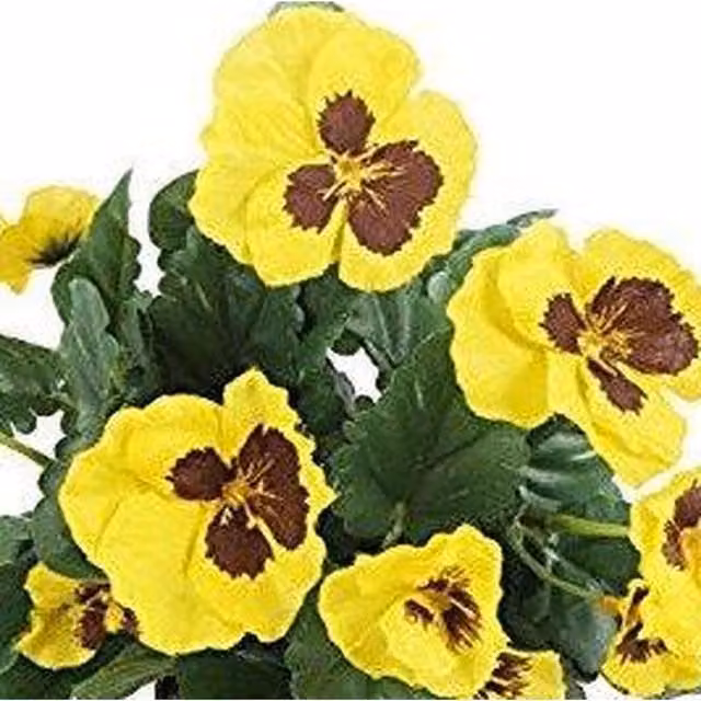 Best Artificial Ltd Yellow and Multicolour Artificial Pansy Hanging Basket with Green Leaves in a Rattan and Metal Wicker Style Container