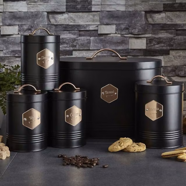 Neo 5 Piece Kitchen Canister Set in Matt Black and Copper Metal