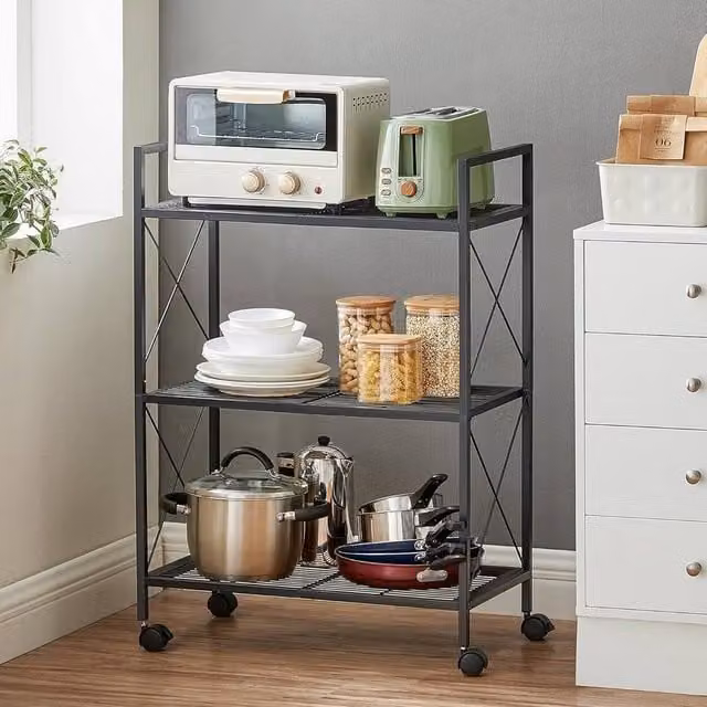 The Bazaarist 3 Tier Mobile Metal Mesh Storage Rack with X Frame in Matt Black