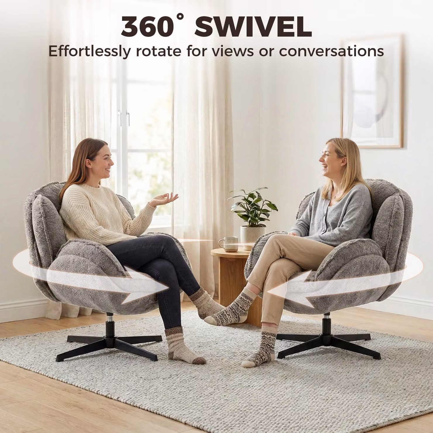 HOMCOM Modern Grey Velvet Swivel Accent Chair with Shell Design and Armrests – 5