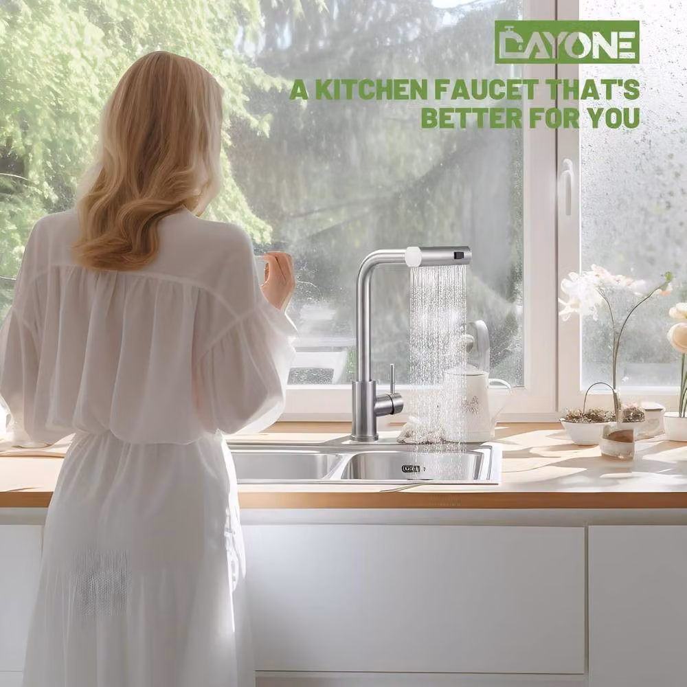 Dayone Brushed Stainless Steel Kitchen Mixer Tap with Pull Out Spray in Silver – 3
