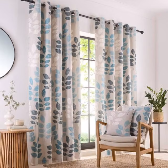 Portfolio Home Springfield Leaf Fully Lined Eyelet Curtain Set in Light Blue, W: 168 cm, H: 183 cm