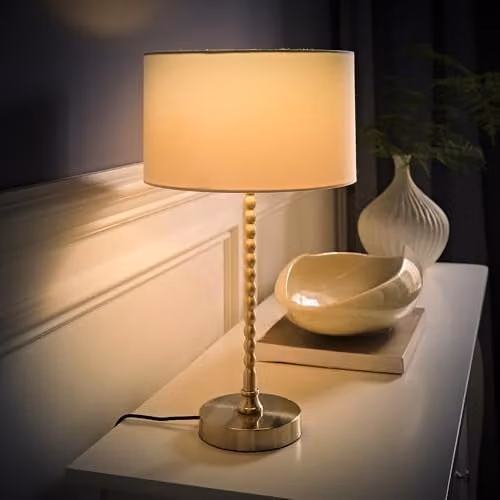 ValueLights Maeve Bobble Table Lamp with White Fabric Shade and Warm White Bulb in Brushed Chrome – 2
