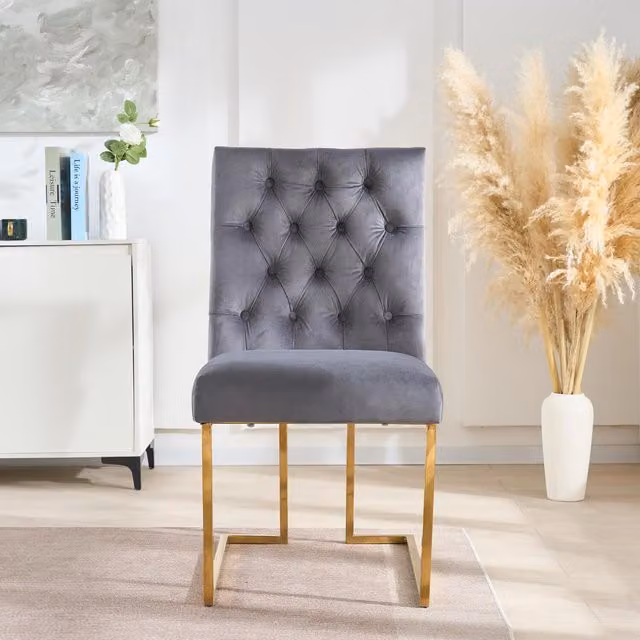 Life Interiors Siena Luxury Tufted Velvet Dining Chairs Set of 6, Grey with Gold Metal Legs