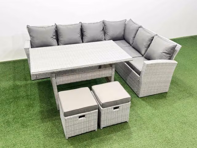 Fimous 8 Seater Rattan Garden Furniture Set with Corner Sofa and Dining Table in Light Grey