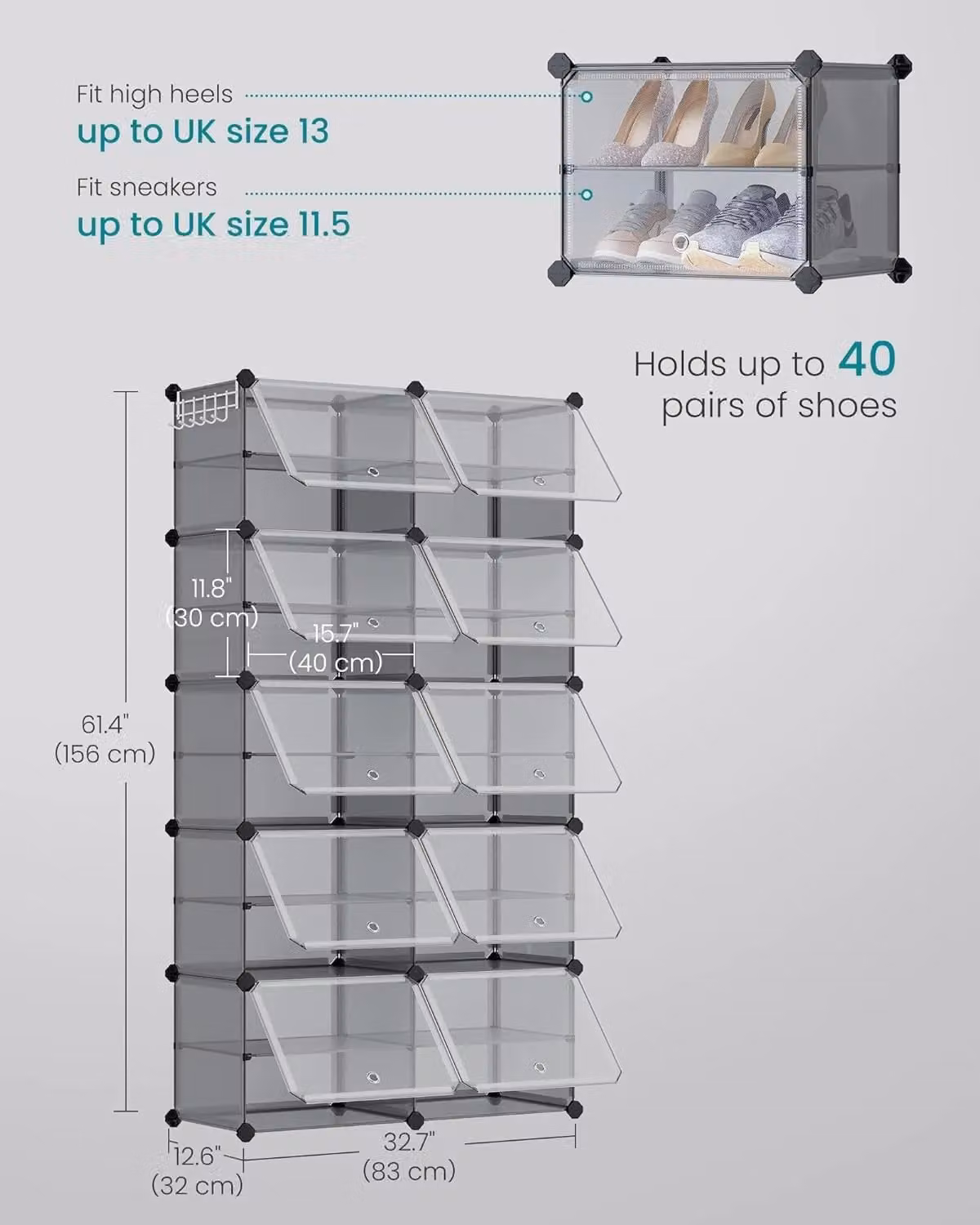 SONGMICS Modular 10-Slot Interlocking Shoe Storage Cabinet with Glass Doors, Grey, H 156.0 x W 83.0 x D 40.0 cm – 2
