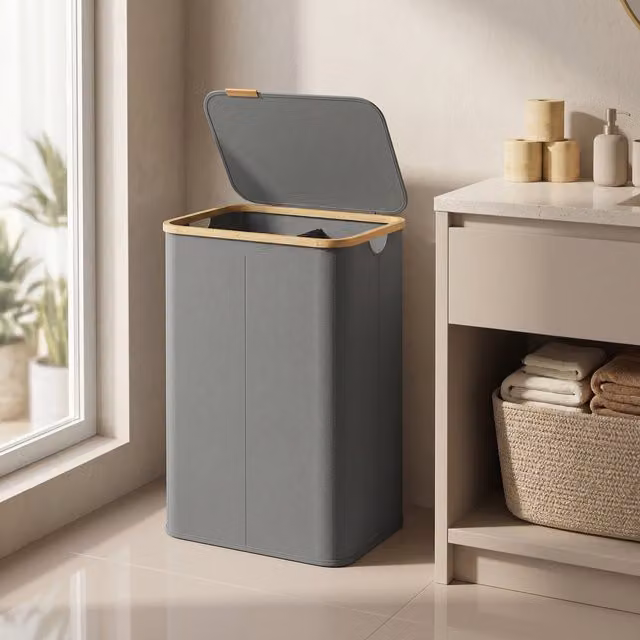 SONGMICS 140L Foldable 2 Compartment Laundry Hamper with Lid in Grey