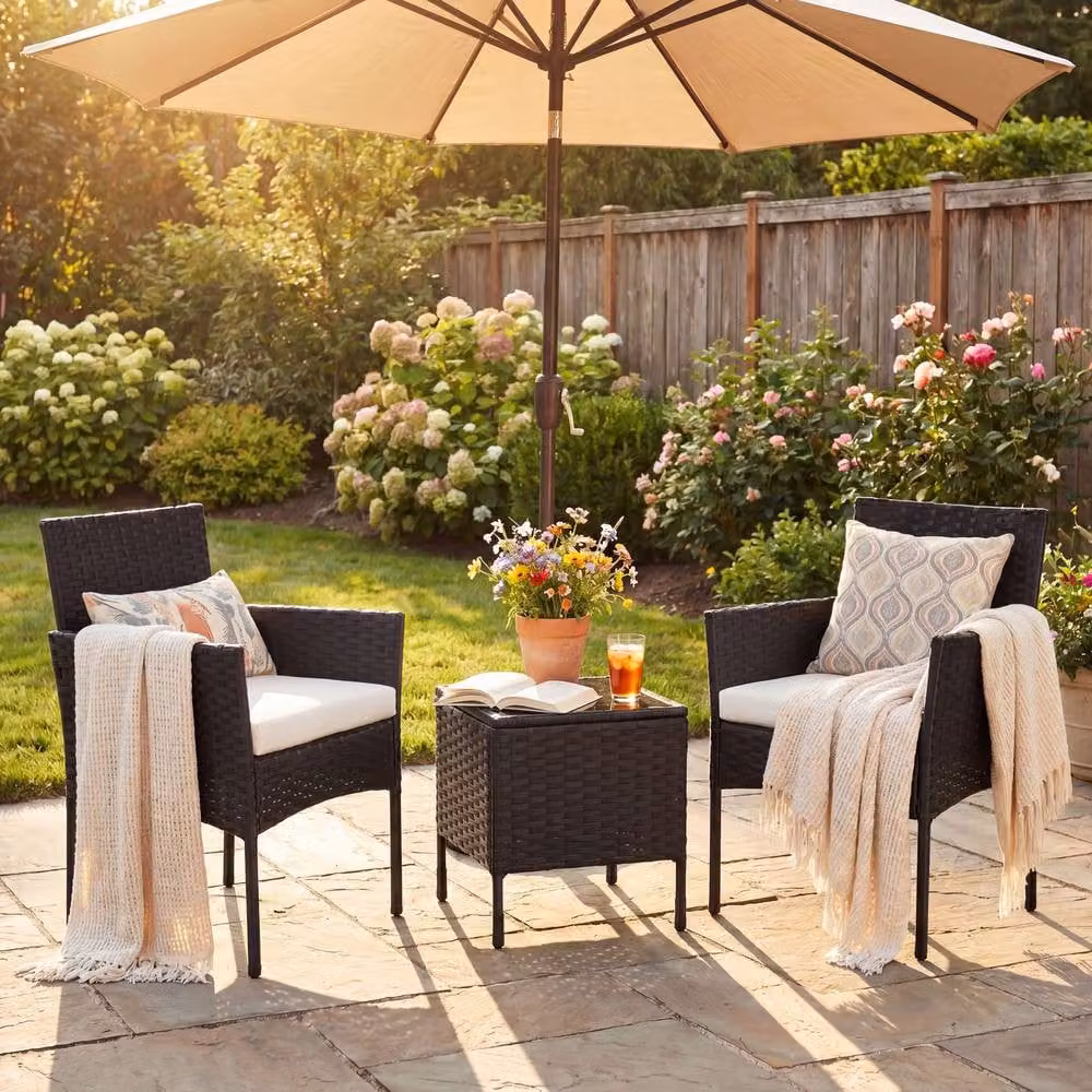 Costway 3-Piece Rattan Garden Conversation Set with Beige Cushions and Black Metal Frame – 5