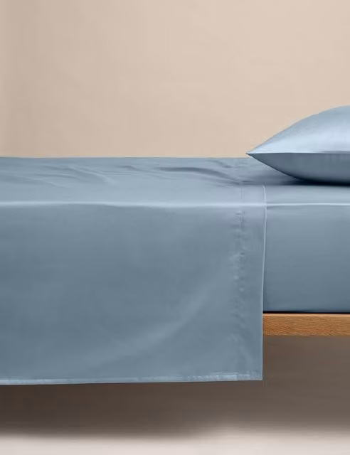 M&S Egyptian Cotton 400 Thread Count Mako Satin Silky Flat Sheet, Dusty Blue, W: 200 cm x L: 200 cm