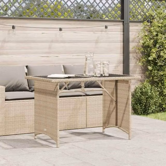 Berkfield Home Beige Poly Rattan Garden Table with Glass Top W/D/H: 110 x 68 x 70 cm