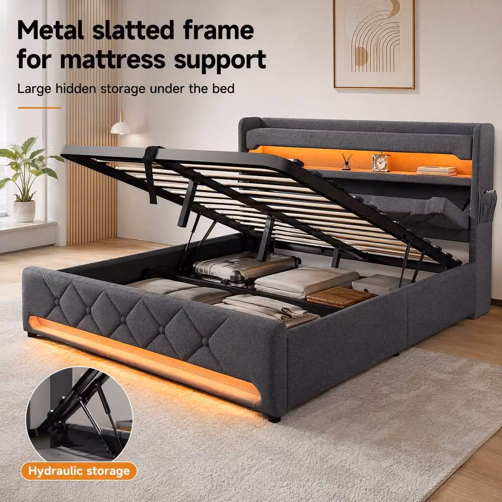 STILVORA Super King Upholstered Bed in Grey with LED Lighting, USB Charging Ports and Lift-Up Storage Headboard, W/D/H: 200 x 180 x 183 cm – 4