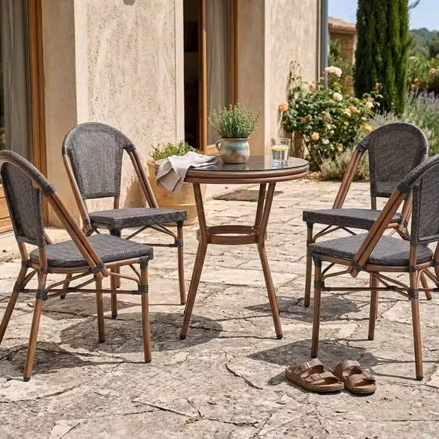 Wyld and Coco Grey PE Rattan Patio Table with Tempered Glass Top and Aluminium Frame, Diameter: 70 cm