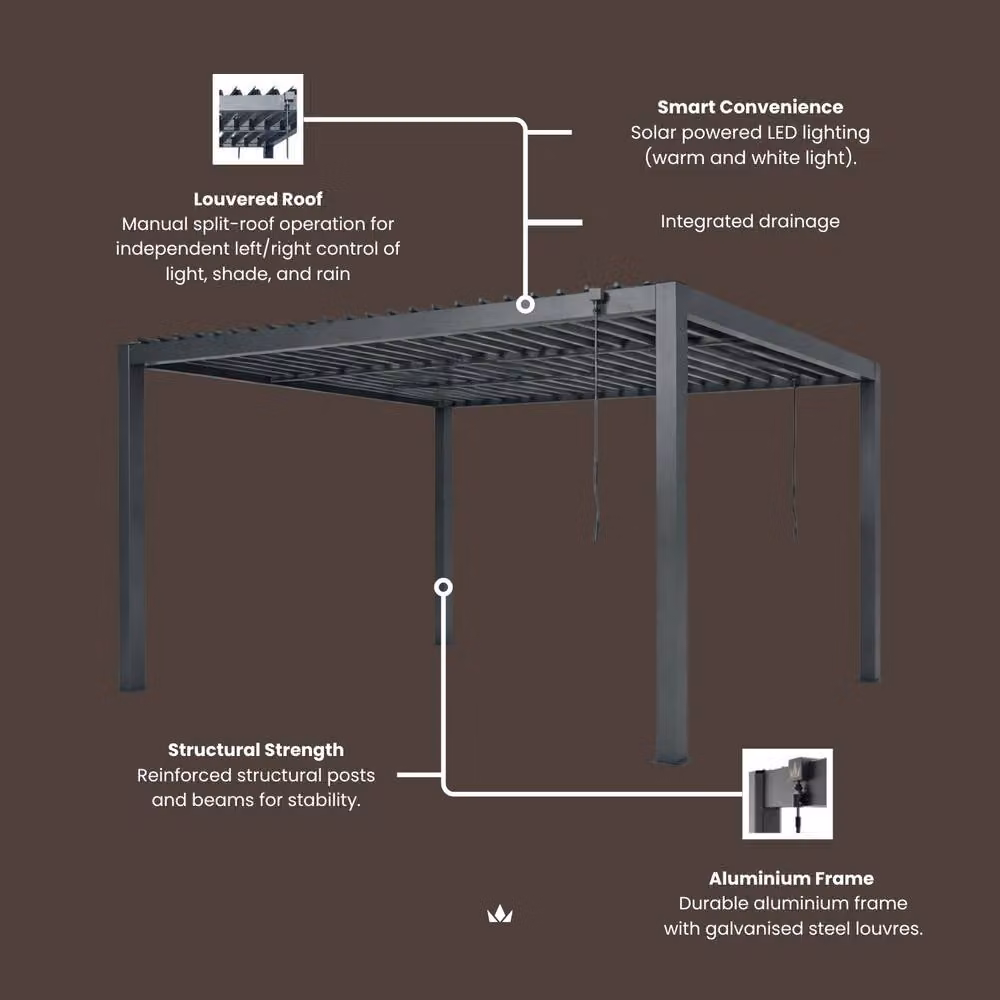 Royalcraft Pure Manual Louvered Roof LED Pergola in Grey, W: 300 cm, D: 300 cm, H: 230 cm – 3
