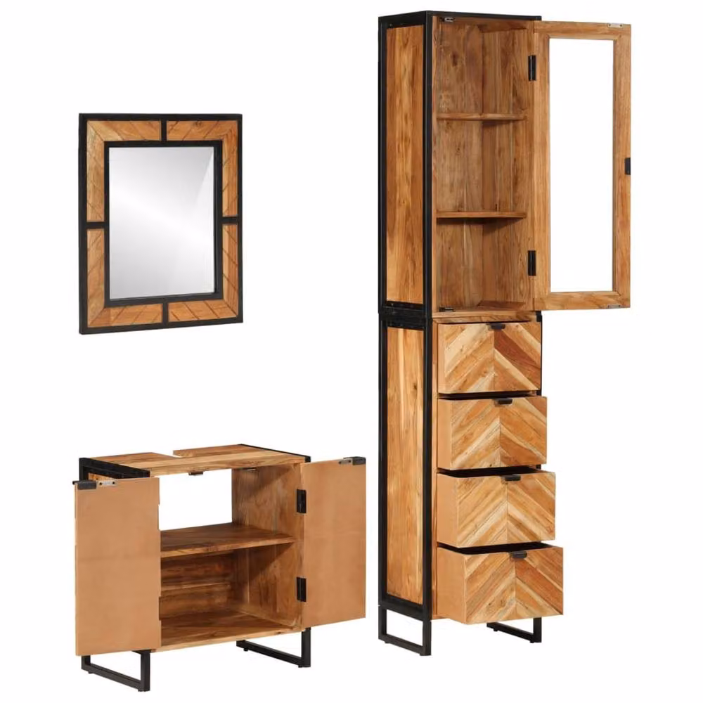 Berkfield Home 3 Piece Industrial Bathroom Furniture Set in Brown Acacia Wood and Metal – 2