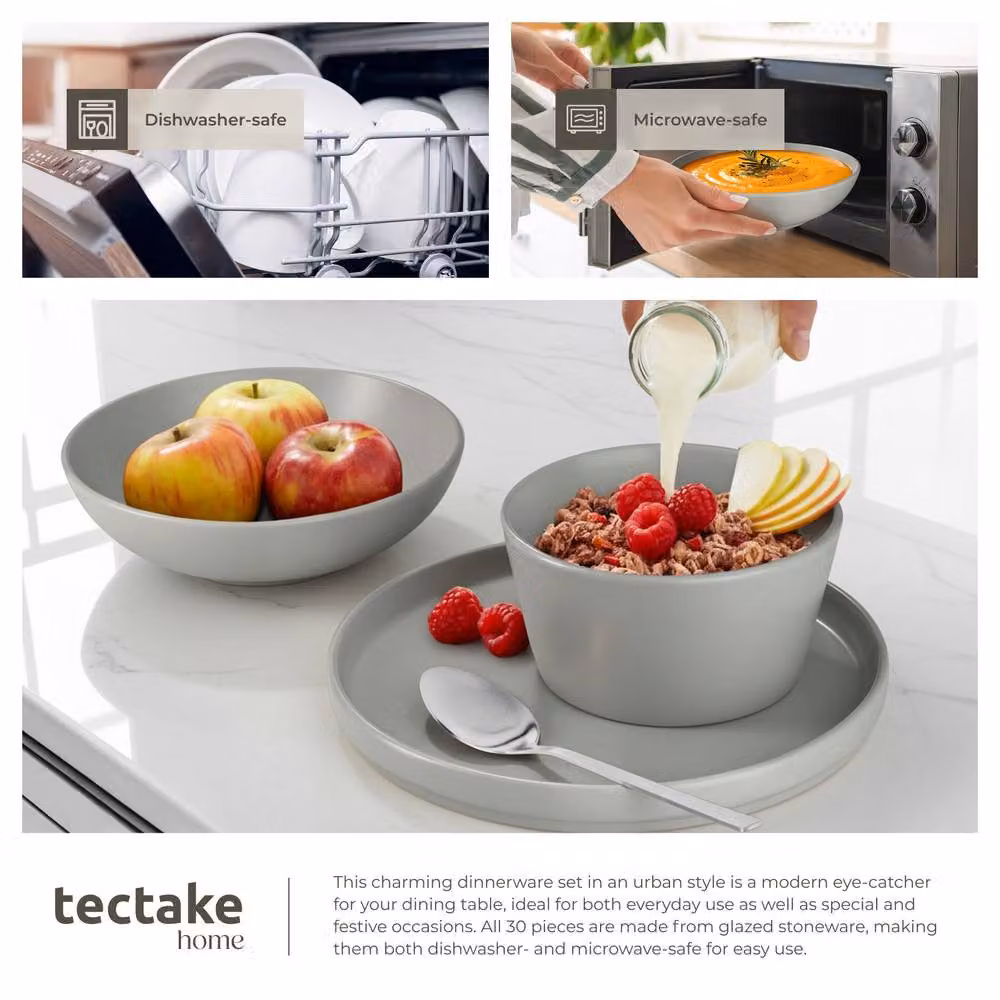 tectake Una 30 Piece Stoneware Dinnerware Set in Grey – 5