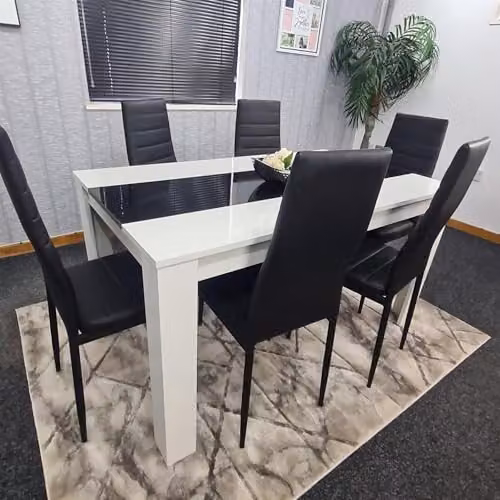 KOSY KOALA Modern Dining Table Set with 6 Black Faux Leather Chairs, White and Black Glass Top, W/D/H: 140 x 80 x 75 cm – 3