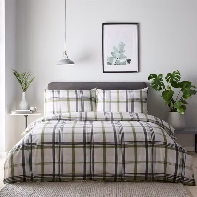 Portfolio Home Prague Check Duvet Cover and Pillowcase Set, Green, W: 200 cm x D: 200 cm