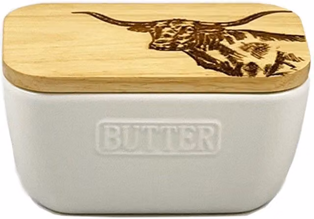 Selbrae House White Texas Longhorn Ceramic and Wood Butter Dish – 1