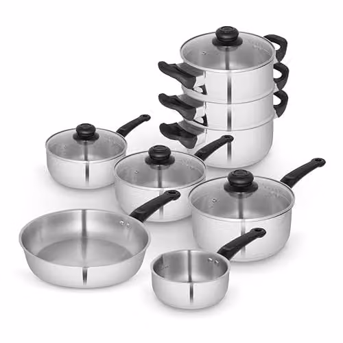 Swan Townhouse 8 Piece Stainless Steel Cookware Set in Silver including Saucepans, Frying Pans, Lids and Steamer Insert