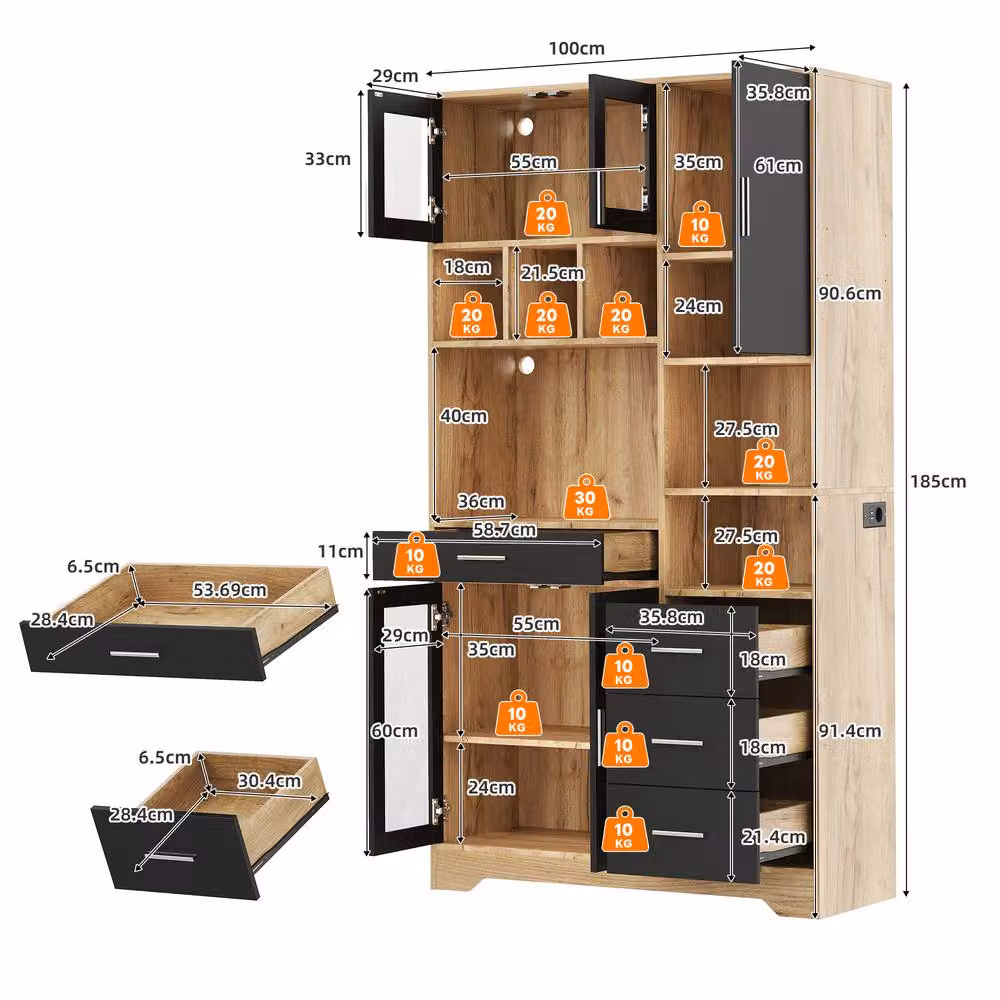 Merax Tall Kitchen Dresser in Black with Glass Doors, Integrated LED Lighting and Power Outlet, Height: 100 cm – 3