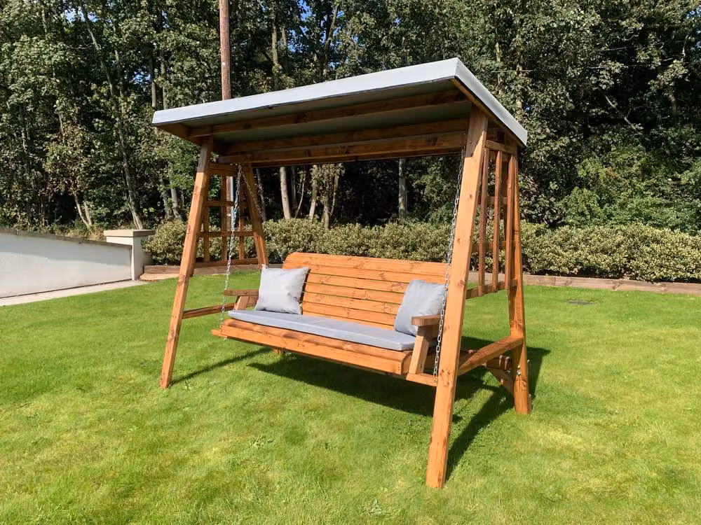 Charles Taylor Trading Dorset Three Seater Garden Swing in Grey and Brown with Sun Canopy and Scatter Cushions