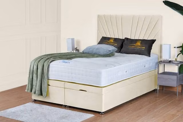UK Bed Furniture Sunrise Ottoman Bed with 54 Inch Headboard, Cream Fabric, Super King, W/D/H: 200 x 200 cm – 1
