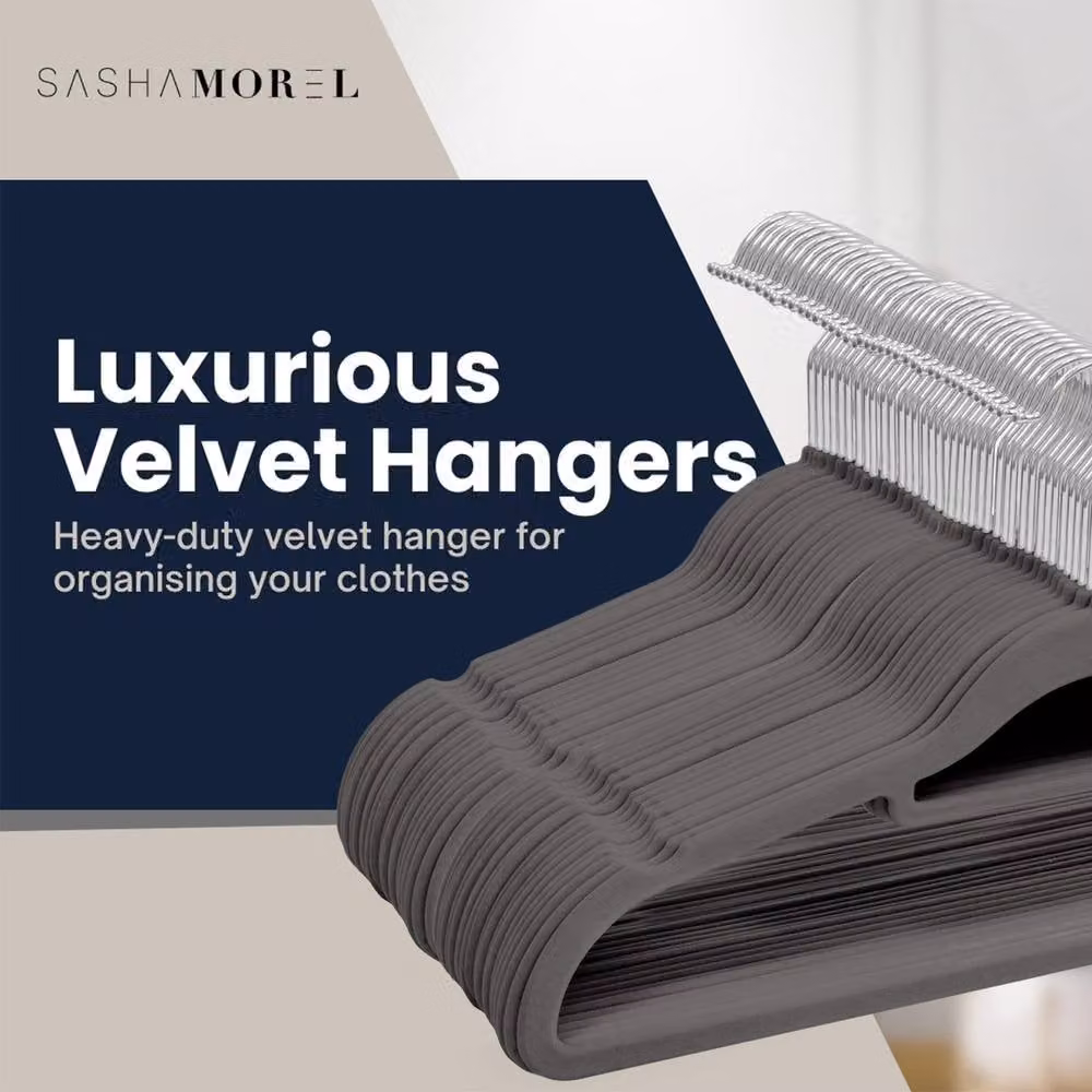 Sasha Morel 50 Pack Non-Slip Velvet Coat Hangers with Tie Organiser and Swivel Hooks, Pink and Grey – 1