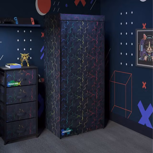 X Rocker Hex Canvas Wardrobe with Hanging Rail and Internal Shelves in Black