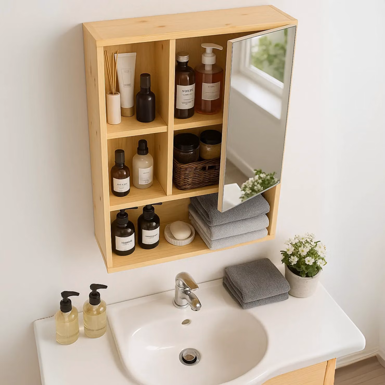 FURNOS Bamboo Wooden Wall Mounted Bathroom and Kitchen Storage Cabinet with Mirror and Soft Close Hinged Doors in Brown – 2