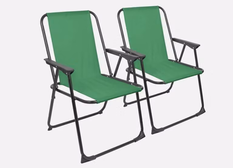 Pair of Maritime Foldable Metal Beach Chairs in Black and Green with Textilene Fabric and Armrests