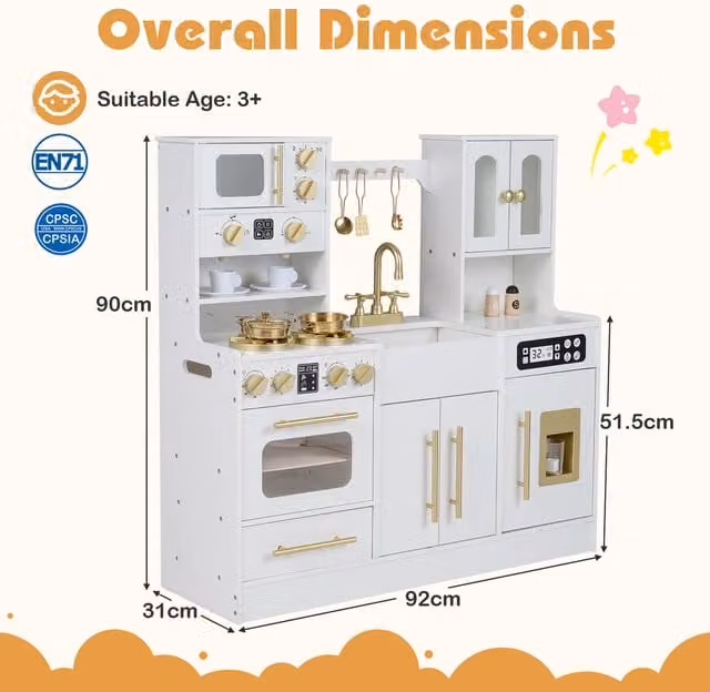 COSTWAY White Wooden Chef Play Kitchen Toy Set