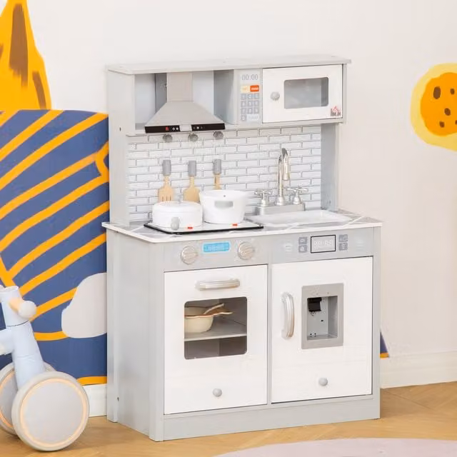 HOMCOM Kids Wooden Kitchen Play Cooking Toy Set in Grey