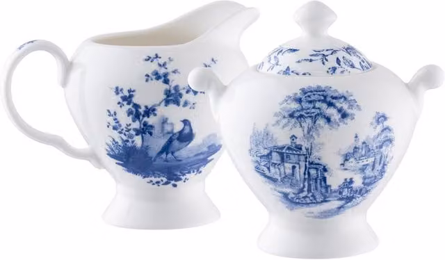 Aynsley Archive Blue Bone China Cream and Sugar Set in Blue, White and Multicolour Floral Pattern