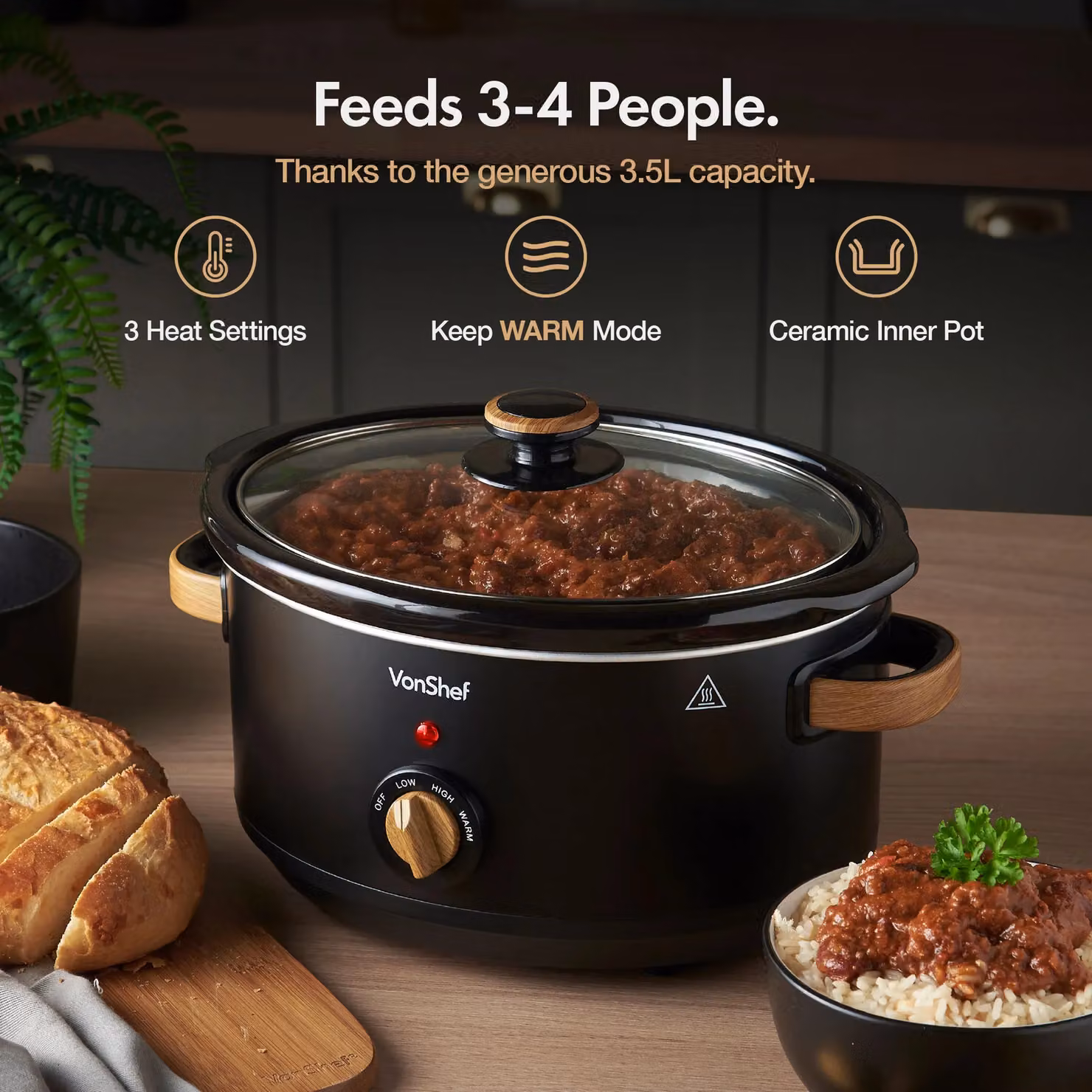 VonShef Fika 3.5L Slow Cooker in Black – 2