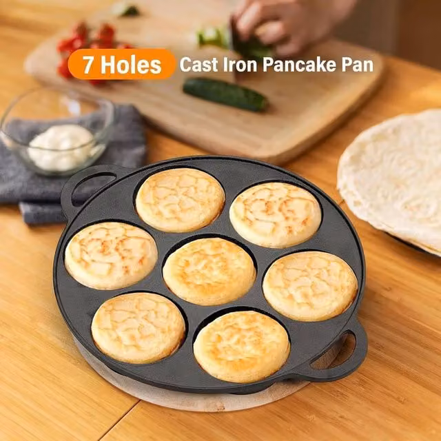EONLION Black Cast Iron 7 Hole Mini Pancake and Crepe Pan with Double Handles, Diameter: 27 cm – 1