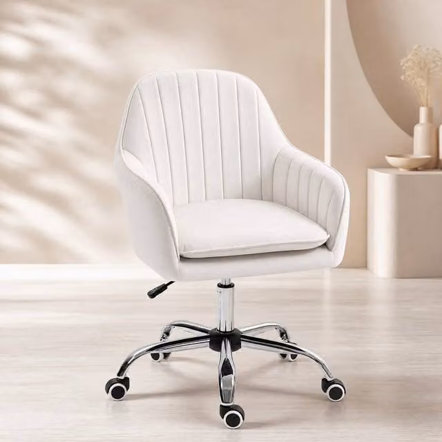 STILVORA Modern Velvet Task Chair in Beige and White with Armrests and Castors, W/D/H: 58 x 60 x 84 cm