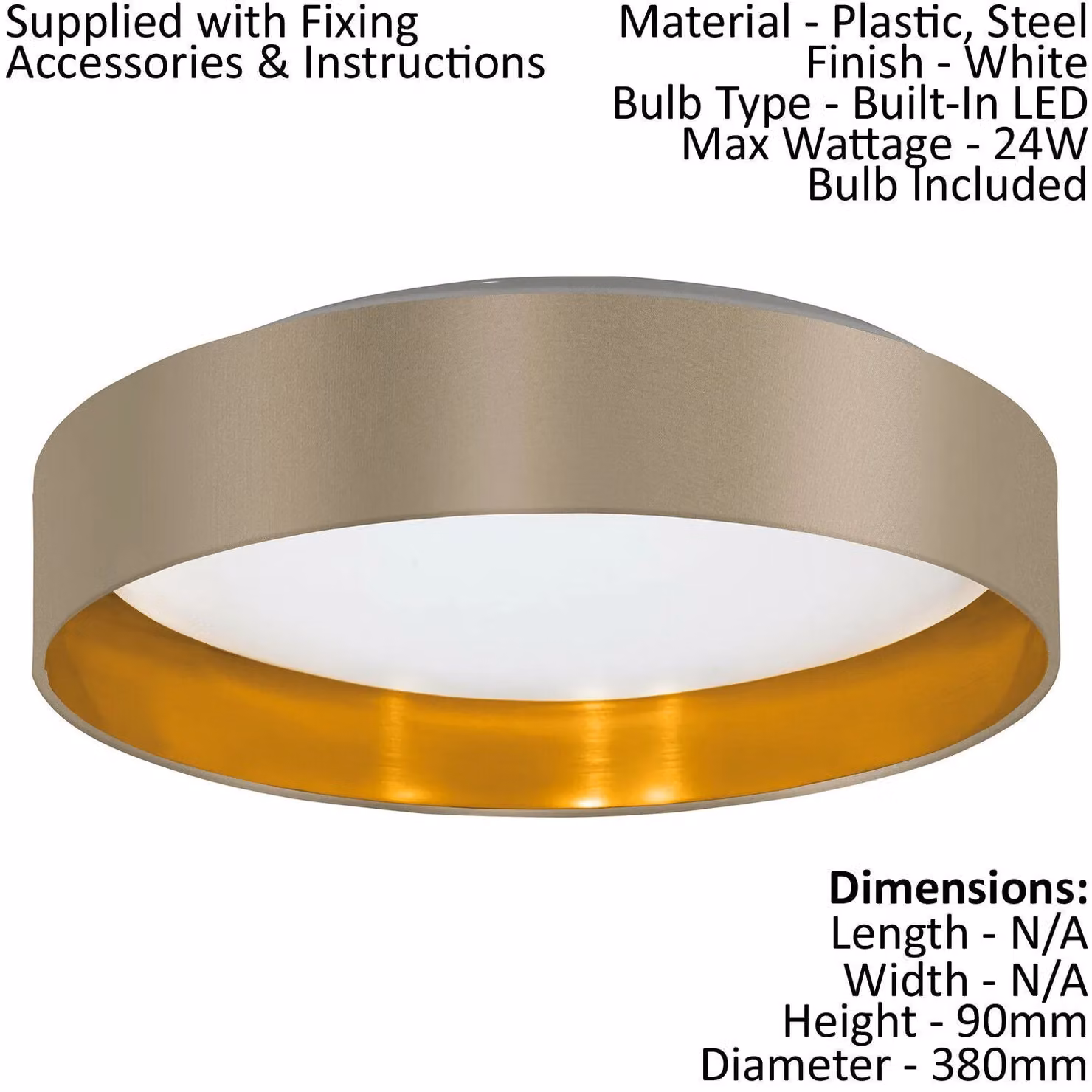 Loops Modern LED Flush Ceiling Light in White and Gold with Taupe Fabric Shade – 2