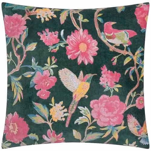Riva Home Wylder Aviary Floral Cotton Velvet Decorative Cushion, Petrol Green, W/D/H: 50 x 50 x 50 cm – 1