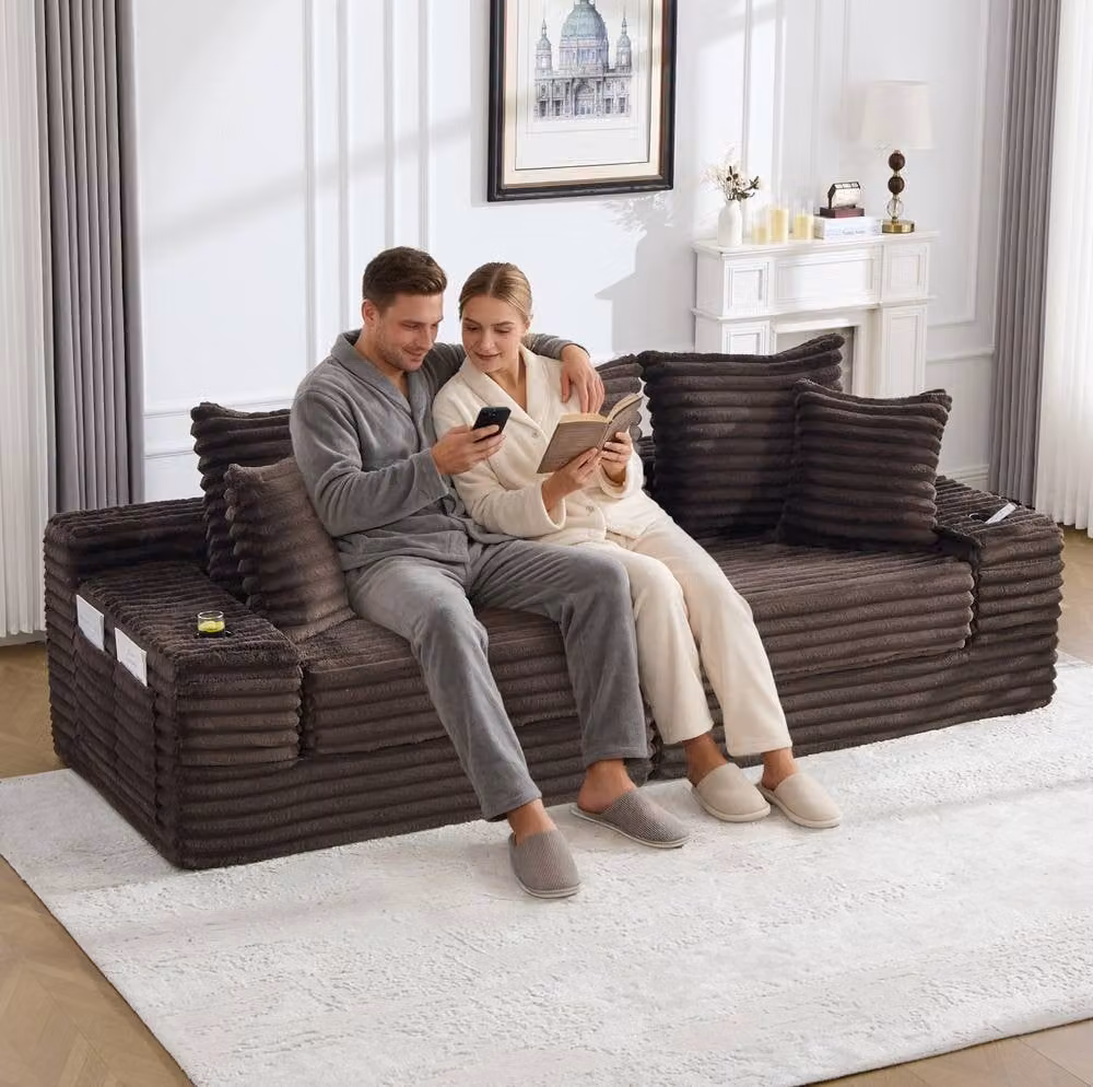 STILVORA Brown Upholstered Convertible Sofa with Cup Holders and Side Pockets – 2