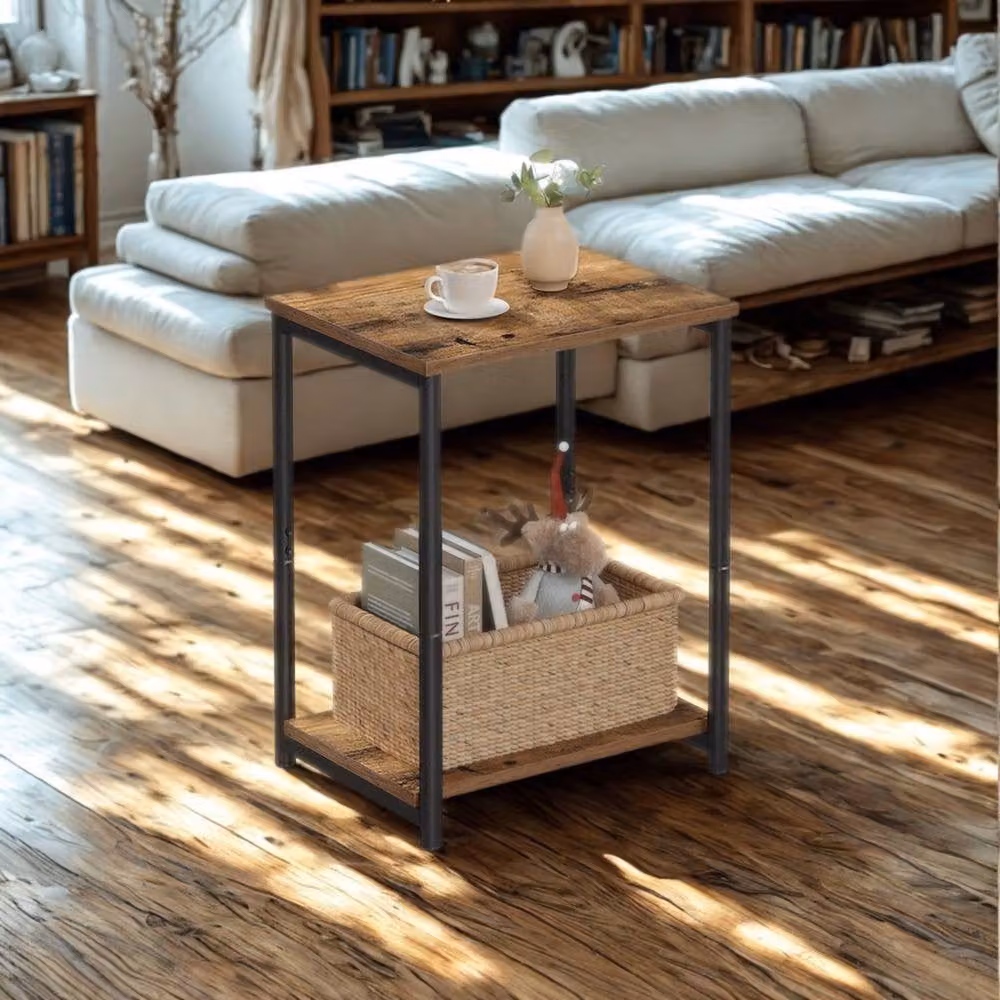Pirlo Plush 2 Tier Side End Table with Black Steel Frame and Brown Composite Wood Tiers, W/D/H: 30 x 30 x 50 cm – 2