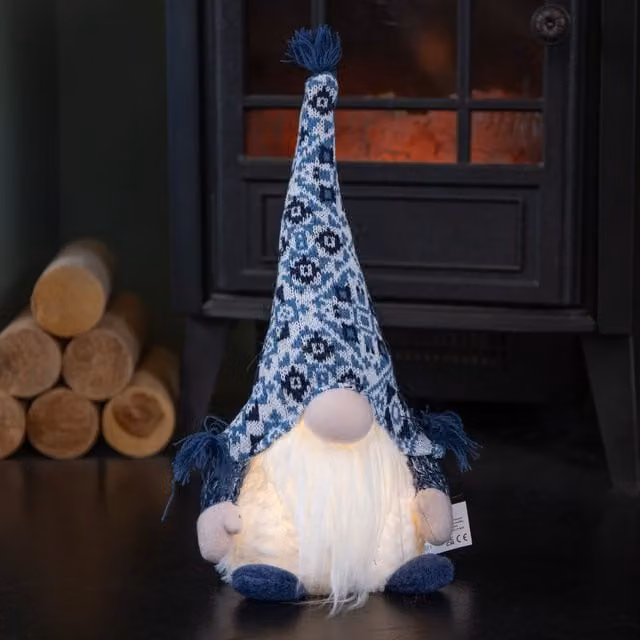 Samuel Alexander Battery Operated Light Up Sitting Christmas Gonk in Blue and White, Height: 35 cm