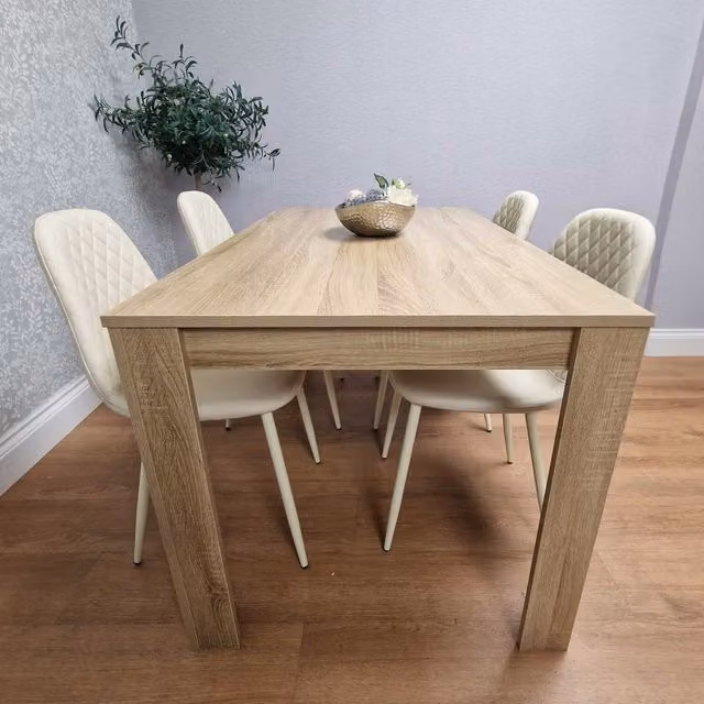 Kosy Koala Modern Rectangular Dining Table and 4 Gem Patterned Stitched Chairs in Beige and Oak