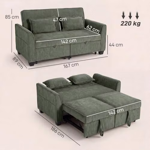 HOMCOM 2 Seater L Shaped 4-in-1 Pull Out Sofa Bed in Dark Green with Solid Wood Frame and Reversible Fabric Upholstery – 3