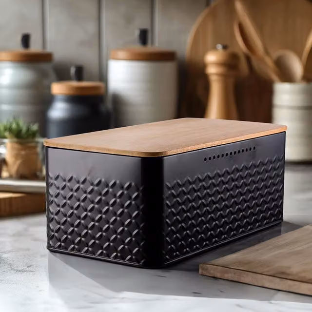 Livingandhome Metal Bread Bin with Bamboo Lid, Black