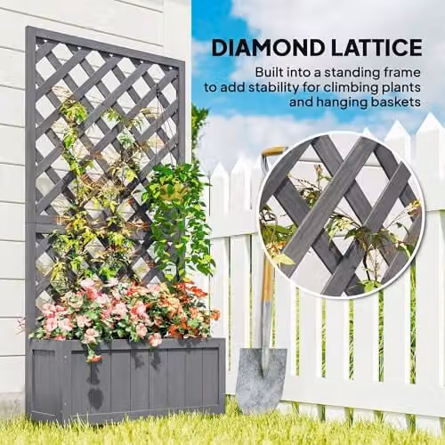 Outsunny Grey Wood Garden Planter with Trellis for Climbers, W: 31.5 cm, H: 149.5 cm – 2